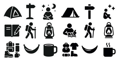 Collection of icons for camping and outdoor activities. The icons include a tent, a backpack, a book, a cup, a sleeping bag, a lantern, a backpack, a person sitting, a person standing