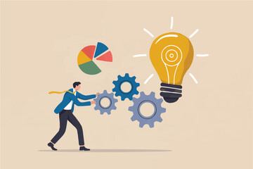 Businessman pushing gears towards a lightbulb isolated on transparent background