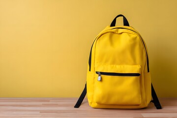 Bright yellow backpack against a solid yellow background Generative AI