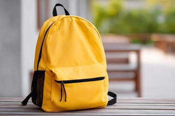 Yellow backpack resting on a wooden table in outdoor setting Generative AI