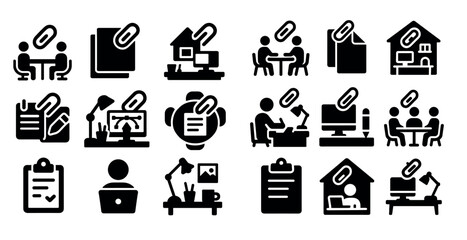 Set of icons depicting various office scenes, including a desk with a computer, a chair, and a mouse, as well as a house with a computer and a chair