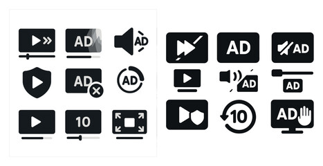 Set of icons for a video player. The icons include a play button, a pause button, a volume control, and a menu button. The icons are all black and white