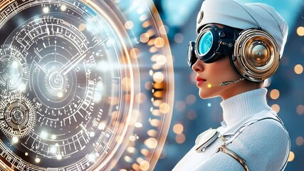 Futuristic cyborg interface activation with holographic display and digital gears animation - Powered by Adobe