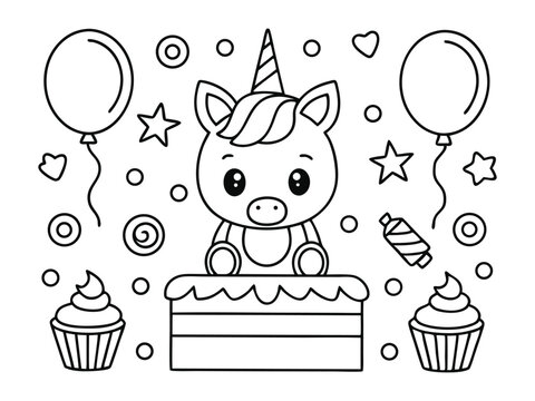 Unicorn birthday cake coloring page for kids. A black and white coloring page featuring a whimsical unicorn cake with a fun