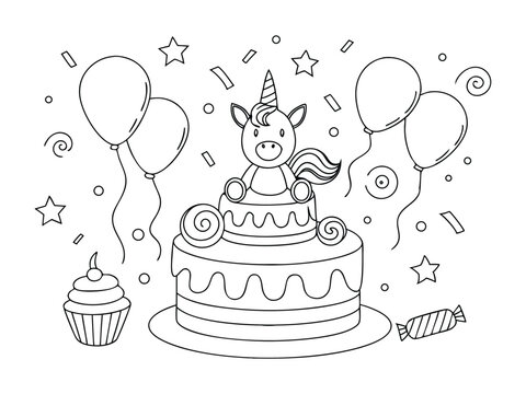 Unicorn birthday cake coloring page for kids. A black and white coloring page featuring a whimsical unicorn cake with a fun