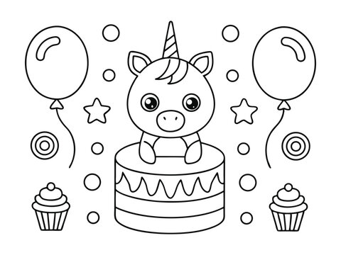Unicorn birthday cake coloring page for kids. A black and white coloring page featuring a whimsical unicorn cake with a fun