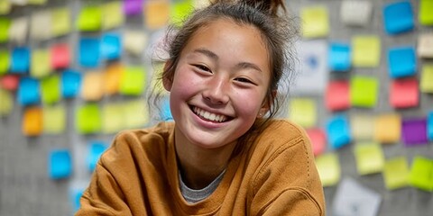Smiling Girl Collaborating with Team on Creative School Project Surrounded by Sticky Notes