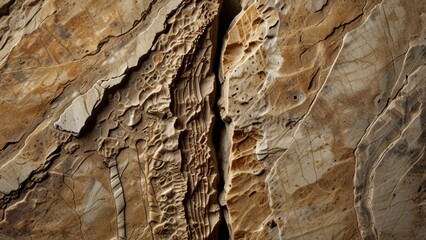 Macro Close up Cracked Rock Highlighting Geological Layers and Fossil Texture
