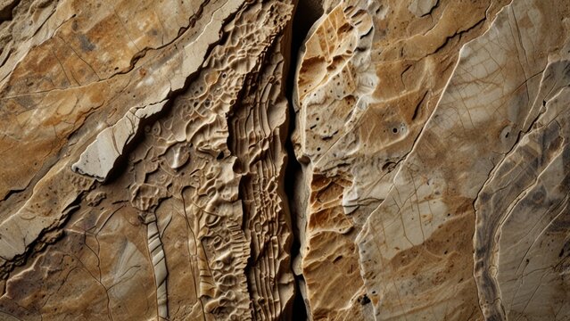 Macro Close up Cracked Rock Highlighting Geological Layers and Fossil Texture