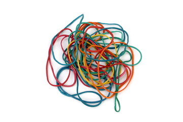 A pile of multi-colored rubber bands for money lie on a white background.
