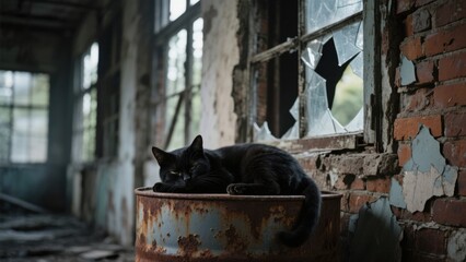 A sleek black cat rests serenely atop a rusty barrel, nestled amidst the ruins of an abandoned building, with broken windows and crumbling brick walls providing a haunting backdrop .