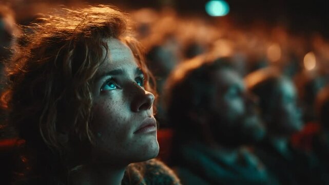 Young woman watching with wonder amidst a crowd, capturing awe and anticipation