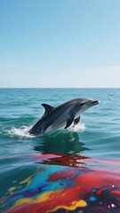 Fototapeta premium A playful dolphin leaps out of the clear ocean water against a bright blue sky, reflecting colorful patterns in the foreground, showcasing marine life and underwater beauty .