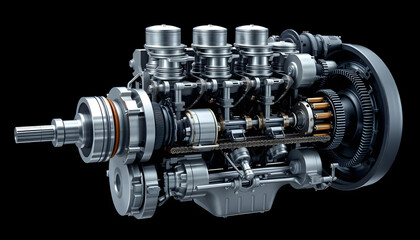 Angled view of exposed car engine components and synchronized pistons