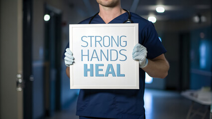 A healthcare worker holds a sign that reads strong hands heal in a hospital corridor, showing support and dedication