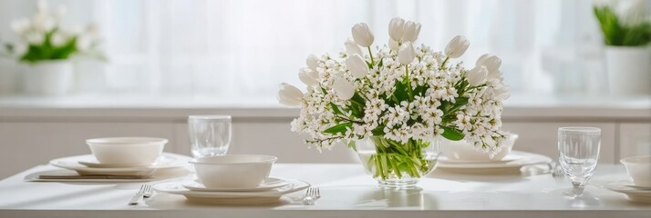 Charming dining table setting with white tulips, elegant tableware, and lovely glassware