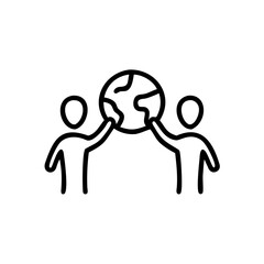 Two people holding a globe in a minimalist line art style  