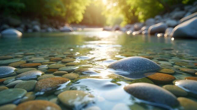 A high-resolution image of a shallow, clear riverbed with smooth, colorful pebbles visible beneath the flowing water, light reflections dancing across the surface