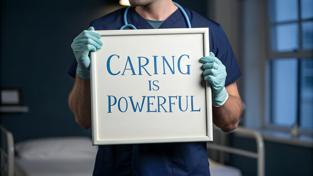 A doctor in a blue uniform holds a sign that reads caring is powerful in a hospital room, promoting the importance of compassionate healthcare