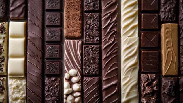 Vertical array of assorted chocolate bars, displaying various textures and colors