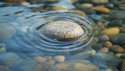 A smooth, light-tan, speckled stone rests in shallow, clear water, creating ripples