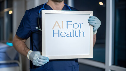 A doctor holds a sign that reads ai for health in a hospital setting, promoting the use of artificial intelligence in healthcare
