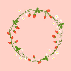 Round frame with hand drawn small wild strawberries, leaves and flowers. Summer or garden berries composed in circle shape isolated on pink background.
