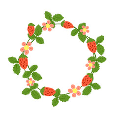 Round frame with hand drawn strawberries, leaves and flowers. Summer or garden berries composed in circle shape isolated on white background.