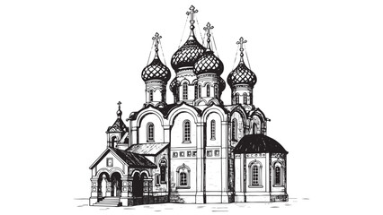 Engraved Orthodox church with multiple onion domes arched doorways and vertical tower elements