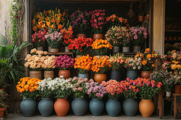 Flowers in pots on a sidewalk.