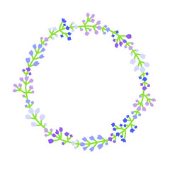 Cute round wreath with petite meadow flowers in soft colors isolated on white background. Floral summer circle frame.