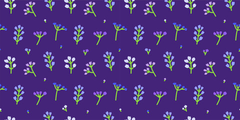 Cute seamless pattern with petite meadow flowers in soft colors on dark background. Scandinavian floral summer background.