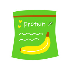Flat whey protein supplement with banana flavor in packet isolated on white background. Healthy product for sportsman. Drinking protein powder icon.