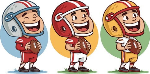 Set of happy cartoon players wearing football uniforms and holding balls, ideal for sports-themed design.