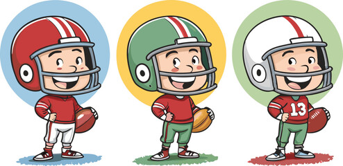 Colorful flat vector image of three smiling football players wearing different helmets and uniforms.