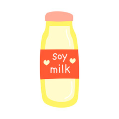 Cute hand drawn flat soy milk in bottle isolated on white background. Hand written text. Plant based lactose free drink.