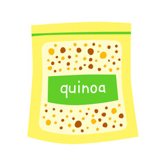 Cute hand drawn flat quinoa mix in packet isolated on white background. Hand written text. Plant based protein.