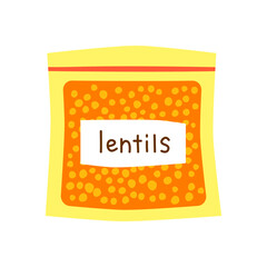 Cute hand drawn flat red lentils in packet isolated on white background. Hand written text. Plant based protein.