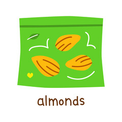 Hand drawn flat almond nuts in packet isolated on white background. Vegan high protein.