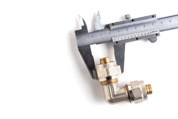 Water valve and vernier caliper isolated on a white background.