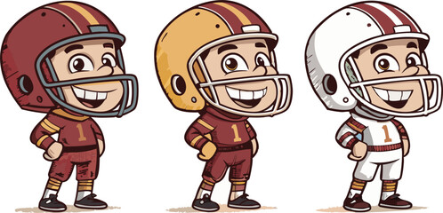American football cartoon players in different helmets colors and poses.