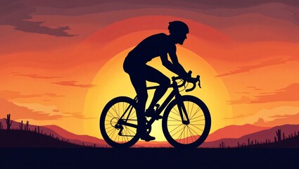 Obraz premium Silhouette of a cyclist riding a road bike against a vibrant desert sunset with cacti and mountains