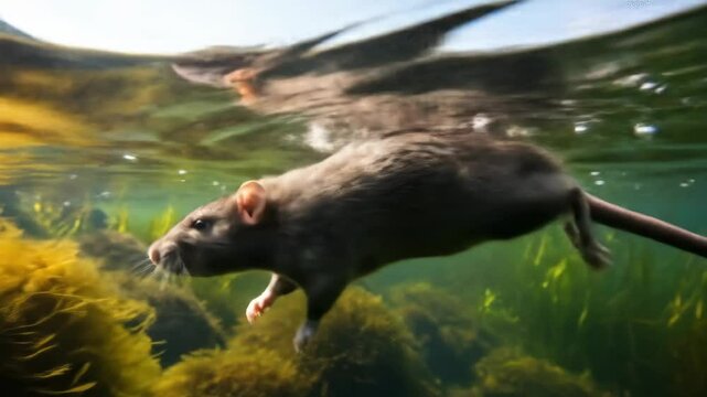 Underwater Rat Swimming in Natural Habitat - A rat is captured swimming gracefully underwater amidst green aquatic plants.