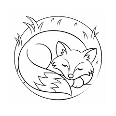 Handdrawn sleeping fox in a circle with grass elements outline on animal rest