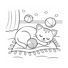 Handdrawn sleeping cat with closed eyes on a pillow with yarn ball stars kitten