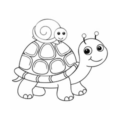 Handdrawn a smiling turtle carrying a snail on its back animal cartoon