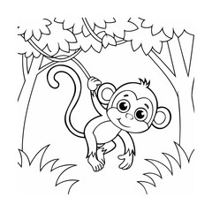 Handdrawn monkey swinging from a vine in a jungle scene with trees grass outline