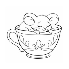 Handdrawn a sleeping mouse in a teacup with decorative floral patterns a handle animal