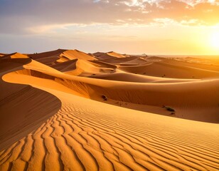 Majestic Sahara Desert Landscape at Sunset Golden Sand Dunes and Rippled Textures