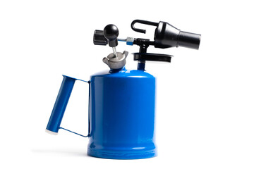 Blowtorch in blue case on white background, insulated.